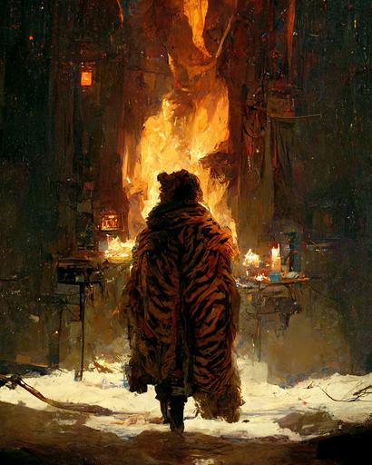 defeated warrior draped in tiger fur coat standing over a fire at night, zdzislaw belsinki, Craig Mullins —ar 4:5