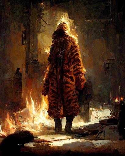 defeated warrior draped in tiger fur coat standing over a fire at night, zdzislaw belsinki, Craig Mullins —ar 4:5