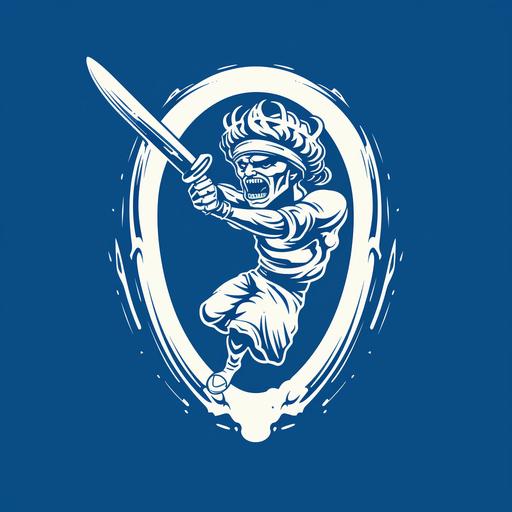 deisgn a tennis sports logo of an executioner using a pickle as a weapon, using only 2 tone blue and white , midevil sword swing, flat design 2-d, contour