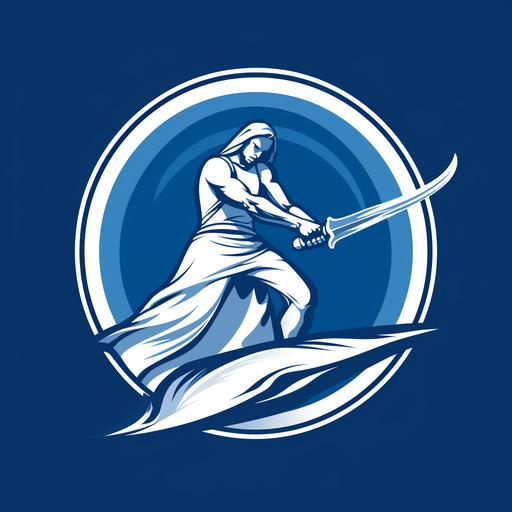 deisgn a tennis sports logo of an executioner using only 2 tone blue and white , midevil sword swing, flat design 2-d, contour