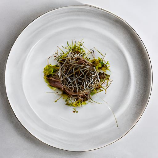 gourmet food, handmade ceramic grey plate, duck magret, geometric, alfalfa sprouts, fennel, cenital shot, high resolution