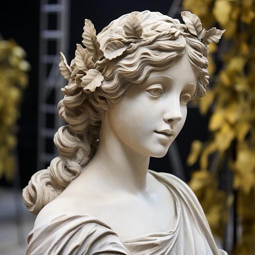 delicate Greek goddess statue in plaster, she looks straight ahead smiling.