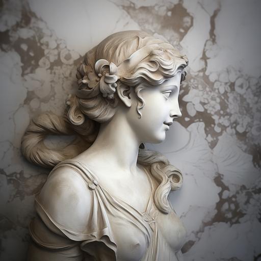 delicate Greek goddess statue in plaster, she looks straight ahead smiling, greek background