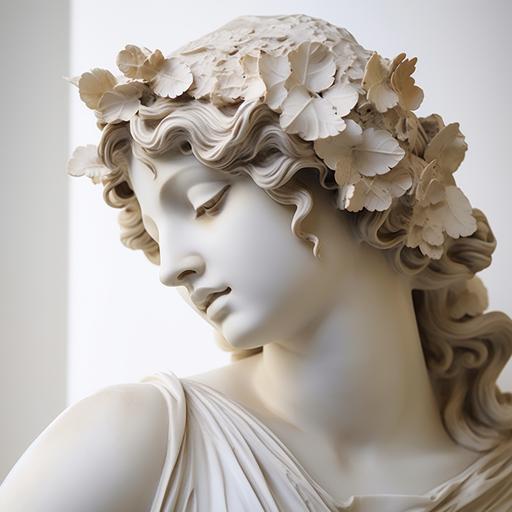 delicate Greek goddess statue in plaster, she looks straight ahead smiling.