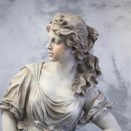 delicate Greek goddess statue in plaster, she looks straight ahead smiling, greek background