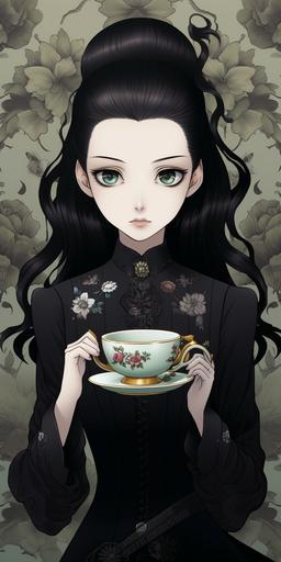 delicate flower, Feitan Portor, hunter x hunter, noir, close to the screen, focus on the face, in the shadows, masked, bright narrow eyes, in black clothes, haughty look, brightly decorated china tea cup and saucer on a white textured background, Beautiful Christmas China teapot and tea cup, Victorian period, Tea Time, precure style,cute girl,nurse,high saturation,best quality,free composition, attractive young adult male, character design, full body, beach attire, lovecore, --ar 3:6