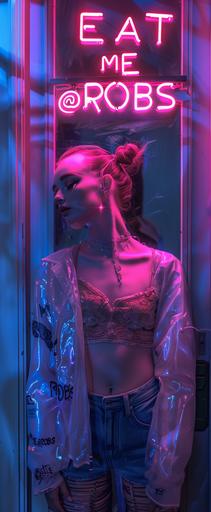 GRIMES cyber-goth wearing futuristic retro art deco clothing, neon sign above her 