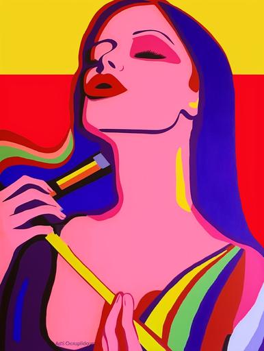 Peter Max style, neo fauvist style, female supermodel eating a banana vintage pride poster from the future advertising pride 2025, bold 🌈 colors --no text,writing,mockup --ar 18:24 --c 44 --s 420 --weird 1000 --v 5.2