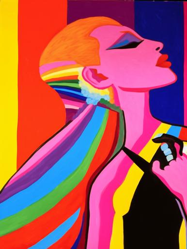 Peter Max style neo fauvist supermodel eating a cheeseburger vintage pride poster from the future advertising pride 2025, bold 🌈 colors --no text,writing,mockup --ar 18:24 --c 44 --s 420 --weird 1000 --v 5.2