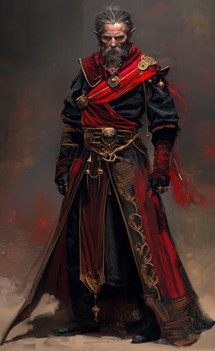 evil sinister character reference sheet, Dread Magus, dynamic poses and archetypal villainous expressions, several headshots at different angles, 3d modeled, beautifully hand painted crimson and gold and black color scheme, arrogant master wizard, evil --ar 8:13 --c 9 --s 420 --v 6.0