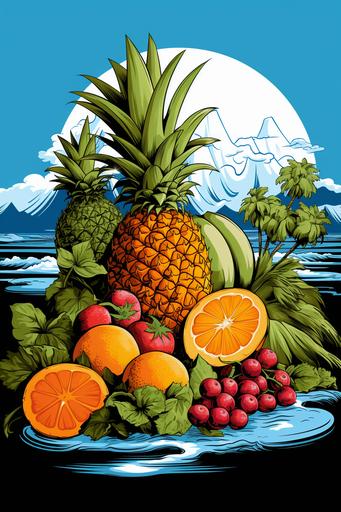 full color line art, exotic tropical fruits, minimalist arangement, char-fruiterie™, dragon-fruit delicacies, buddha's hand treats, aLL FRUIT charcuterie, kiwi, pineapple, citrus, plums, pears, fruit forward feast, island paradise, golden hour, sunset behind the jungle-mountain, a charcuterie for the senses, toucan, parrot --ar 24:36 --c 44 --s 420 --v 5.2