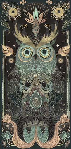 horned owl tarot card with a gold filigree border --ar 9:19 --sref    --style raw --sw 30 --s 50 --v 6.0
