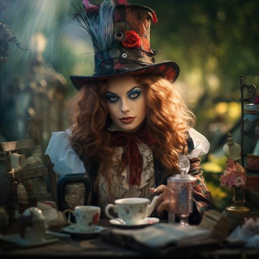 demiurge female mad hatter at the tea party, outdoor garden background.