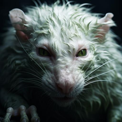 demon pale white rat tigar, hybrid,fantasy animal ,eye color-green milky eyes caged