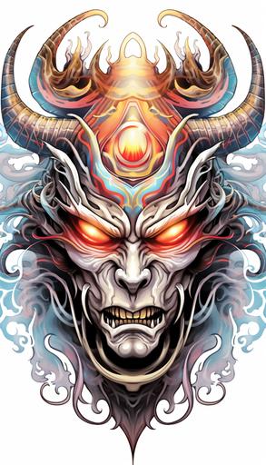 demon samurai head, in tribal flames, on Bifrost, runecore tribal tattoo style, colorful, bifrost, viking, runecore, white background --ar 4:7 --v 5.2 --no splash