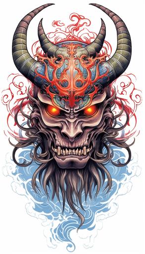 demon samurai head, in tribal flames, on Bifrost, runecore tribal tattoo style, colorful, bifrost, viking, runecore, white background --ar 4:7 --v 5.2 --no splash