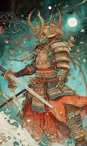 demon samurai, yakshagana armor with geoglyph engraves, in the void, with a lumino kinetic glowing spells, comics cover by geof darrow, faerietale couture, dark fantasy, hypermaximalist watercolor --ar 3:5 --v 6.0