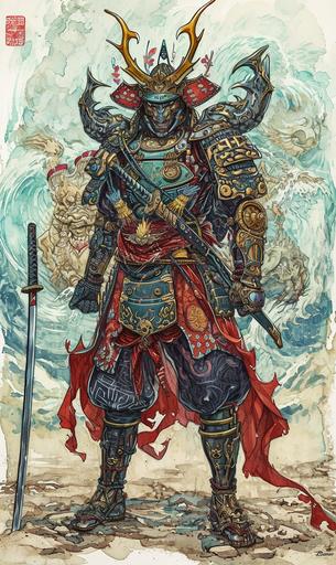 demon samurai, yakshagana armor with geoglyph engraves, in the void, with a lumino kinetic glowing spells, comics cover by geof darrow, faerietale couture, dark fantasy, hypermaximalist watercolor --ar 3:5 --v 6.0