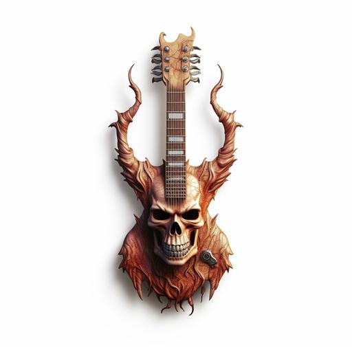 demon skull detailed, guitar behind , on white background, concept art