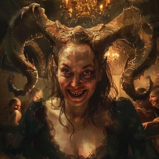 demonic evil creature in the underworld, very ugly, horns, big nose, evil face, children crying in the background, miserable and hellish backdrop, sad children, mayhem, disgusting demon,