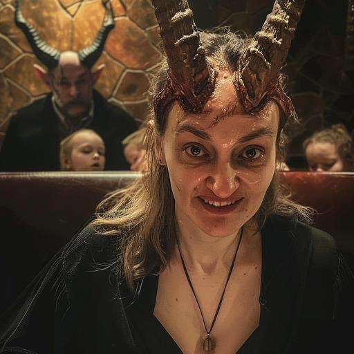 demonic evil creature in the underworld, very ugly, horns, big nose, evil face, children crying in the background, miserable and hellish backdrop, satan behind her, sad children, mayhem, disgusting demon,