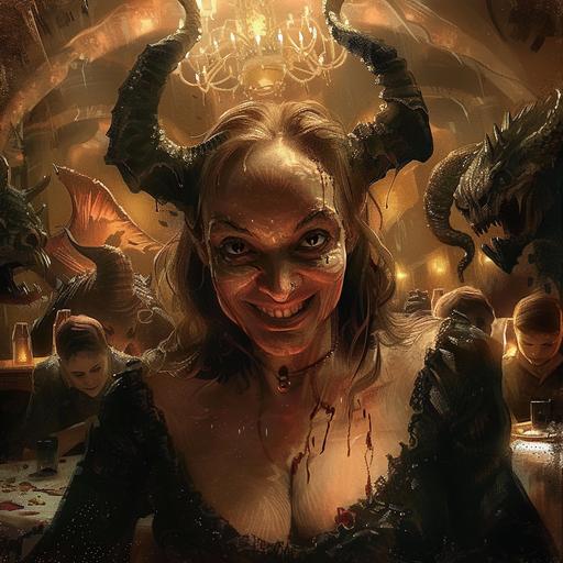 demonic evil creature in the underworld, very ugly, horns, big nose, evil face, children crying in the background, miserable and hellish backdrop, sad children, mayhem, disgusting demon,