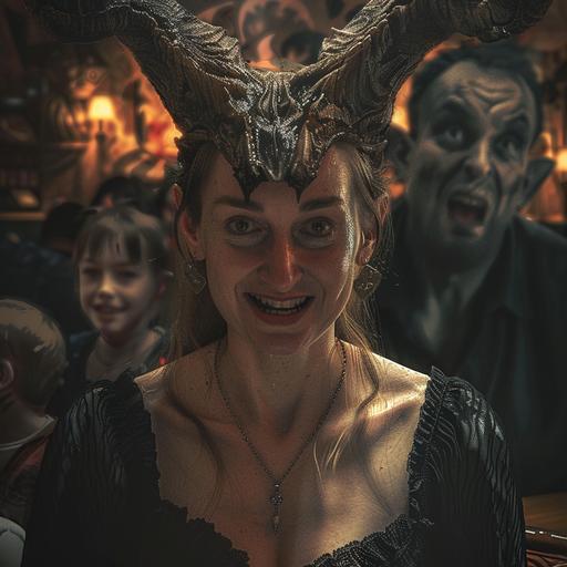 demonic evil creature in the underworld, very ugly, horns, big nose, evil face, children crying in the background, miserable and hellish backdrop, satan behind her, sad children, mayhem, disgusting demon,