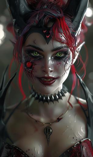 demonic girl in black and red zombie costume, in the style of realistic and hyper-detailed renderings, vray, tanbi kei, celestialpunk, captivating portraits, white and crimson, digital art techniques --ar 19:32 --c 35 --s 400 --v 6.0