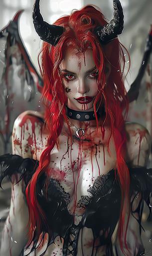 demonic girl in black and red zombie costume, in the style of realistic and hyper-detailed renderings, vray, tanbi kei, celestialpunk, captivating portraits, white and crimson, digital art techniques --ar 19:32 --c 35 --s 400 --v 6.0