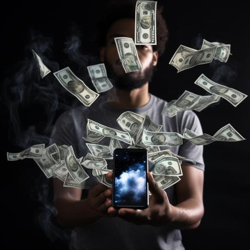 demonstrate a person using a financial app to invest money on a phone. On top of the phone show some clouds of different currencies of money