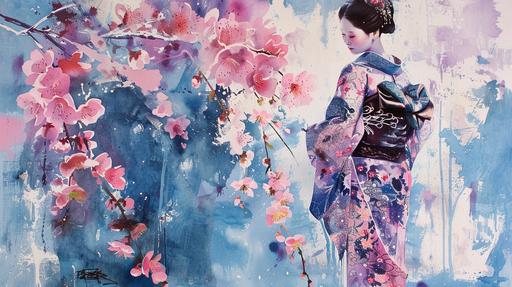 dendrobium geisha, intricate, kimono, pink and kobalt blue, tenebrism, minimalism, calligraphy, strong visual flow --ar 16:9 --v 6.0