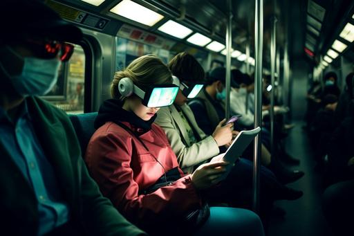 . Same framing. Women looking at their cell phones in the subway. They are wearing headphones. . Old style photography. Cyberpunk art. color and fluorescent lighting --ar 3:2