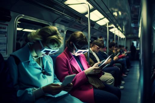 . Same framing. Women looking at their cell phones in the subway. They are wearing headphones. . Old style photography. Cyberpunk art. color and fluorescent lighting --ar 3:2