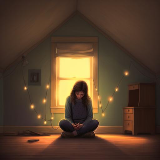 depressed cartoon lady sitting in her room with a small light and her head is on her knees