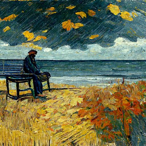 depressed man sitting alone on beach bench, autumn, depressed, Vincent van Gogh style