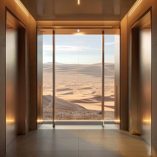 desert seen from the inside of the interior of the modern, futuristic glass metal panoramic elevator, door open --v 6.0