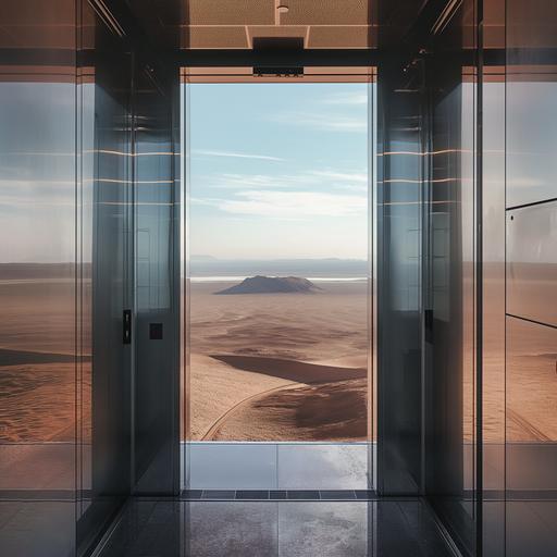 desert seen through the glass of the interior of the modern, futuristic glass metal elevator --v 6.0