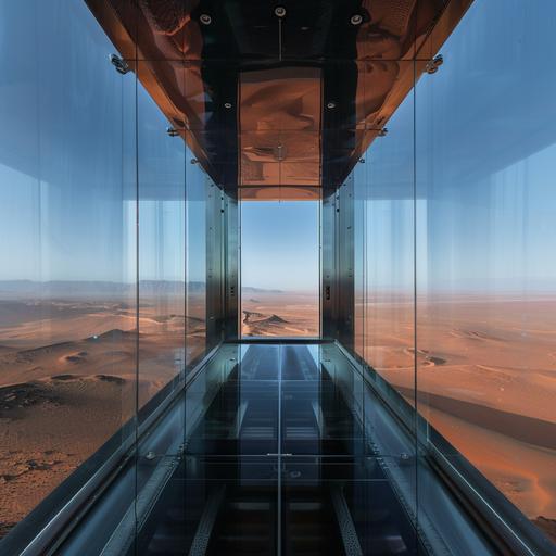 desert seen through the glass of the interior of the modern, futuristic glass metal panoramic elevator --v 6.0