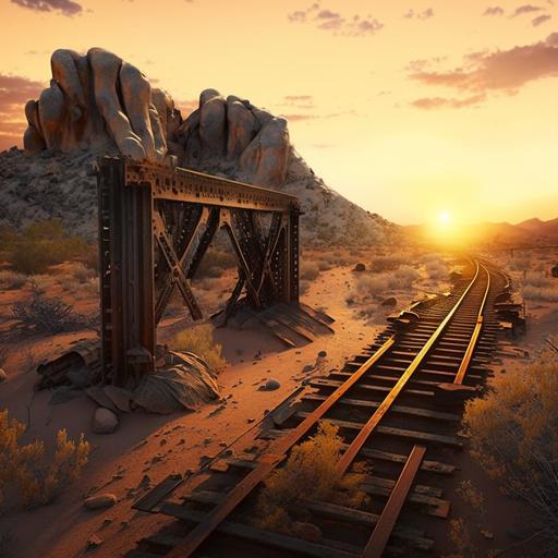 desertic abandoned mine entrance with rails at sunset