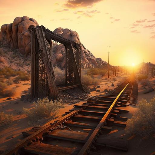 desertic abandoned mine entrance with rails at sunset