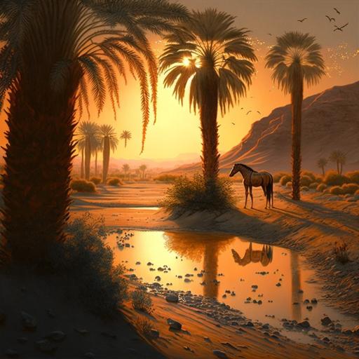 desierto, calma, atardecer, río y palmeras al fondo, camello, paz