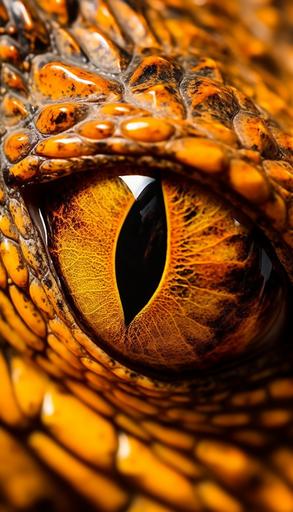 Vibrant abstract close - up of a crocodil's expressive eyes, with dramatic lighting, vivid colors, and shallow depth of field, captured during the golden hour using an 8K camera, reminiscent of Manu Branco's renowned style --ar 4:7 --s 250 --style raw --v 5.1