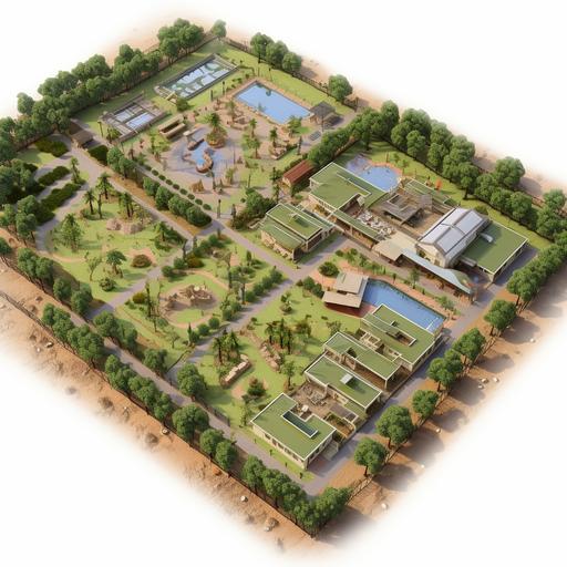 design a 2d layout of farm land of 80,000 square feet with a dimension of 1000 square feet by 800 square feet. The land is surrounded by dam on one side and other farm on the other three sides. Allocate space for 5-6 tents for camping, 2 machaans, 2 2bhk modern homes, 2 earth living homes, one area for small microbrewery of around 2000 square feet and sufficient open areas with some place for kid outdoor play activities and sufficient open area with optimal utilization of place by growing vegetables and fruits and wheat. The boundary of 80,000 sq ft land will be filled with trees and bamboo plant.