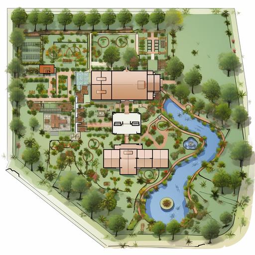 design a 2d layout of farm land of 80,000 square feet with a dimension of 1000 square feet by 800 square feet. The land is surrounded by dam on one side and other farm on the other three sides. Allocate space for 5-6 tents for camping, 2 machaans, 2 2bhk modern homes, 2 earth living homes, one area for small microbrewery of around 2000 square feet and sufficient open areas with some place for kid outdoor play activities and sufficient open area with optimal utilization of place by growing vegetables and fruits and wheat. The boundary of 80,000 sq ft land will be filled with trees and bamboo plant.