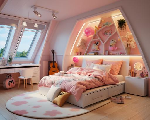 design a bed room for 12 years old girl, 16 square meter, cute, music, warm, useful, simple, 3D --ar 5:4 --s 250