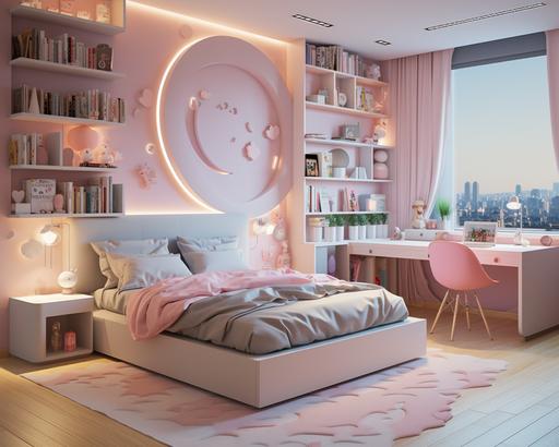 design a bed room for 12 years old girl, 16 square meter, cute, music, warm, useful, simple, 3D --ar 5:4 --s 250