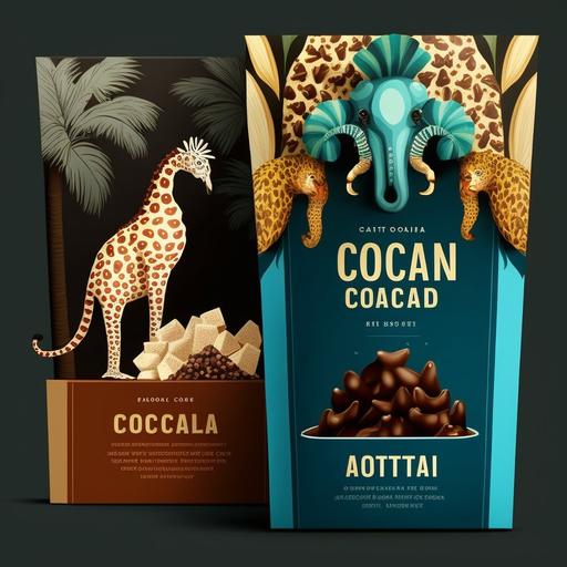 design a chocolate box packaging, popcorn chocolate, mist have chocolate and popcorn, must have tropical animal, selling in zoo, attractive to kids