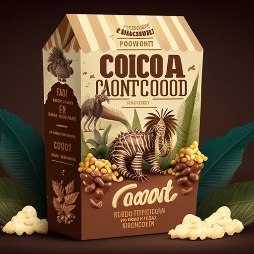 design a chocolate box packaging, popcorn chocolate, mist have chocolate and popcorn, must have tropical animal, selling in zoo, attractive to kids