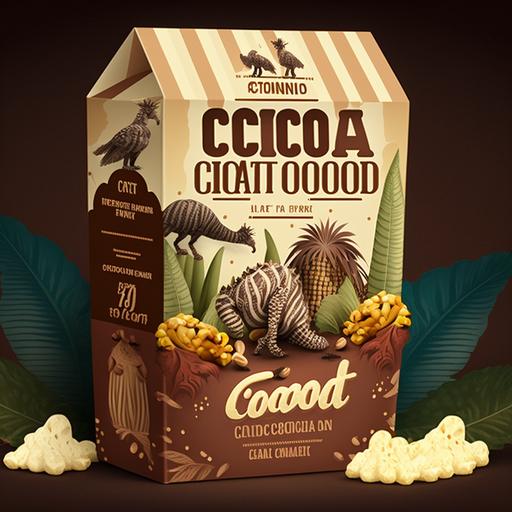 design a chocolate box packaging, popcorn chocolate, mist have chocolate and popcorn, must have tropical animal, selling in zoo, attractive to kids