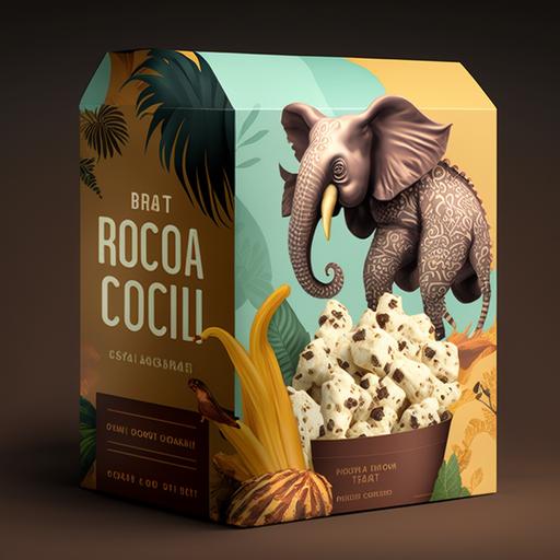 design a chocolate box packaging, popcorn chocolate, mist have chocolate and popcorn, must have tropical animal, selling in zoo, attractive to kids